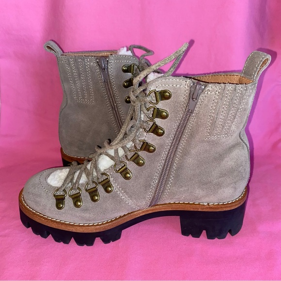 Jeffrey Campbell Gray Suede Lace Up Boots Sherpa Culvert White Cream Beige 6.5 8 - Picture 7 of 13